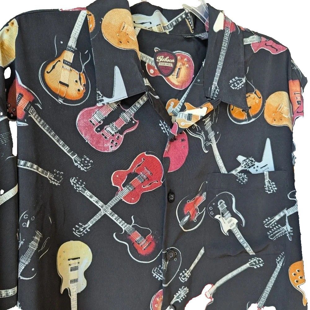 Gibson Tour Wear Dragonfly Men XL Guitar Print Button Shirt Black Short Sleeve